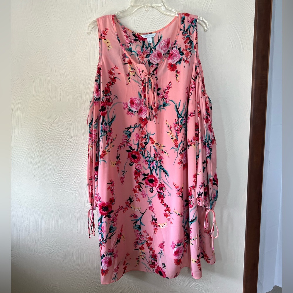 Pink Floral Dress exposed shoulder